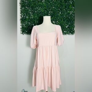 BCBG Paris Women's Knit Eyelet Puff Sleeve Tiered Dress Light Pink Size Medium